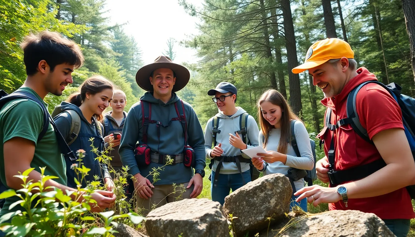 students learning outdoors in a forest setting at high school.