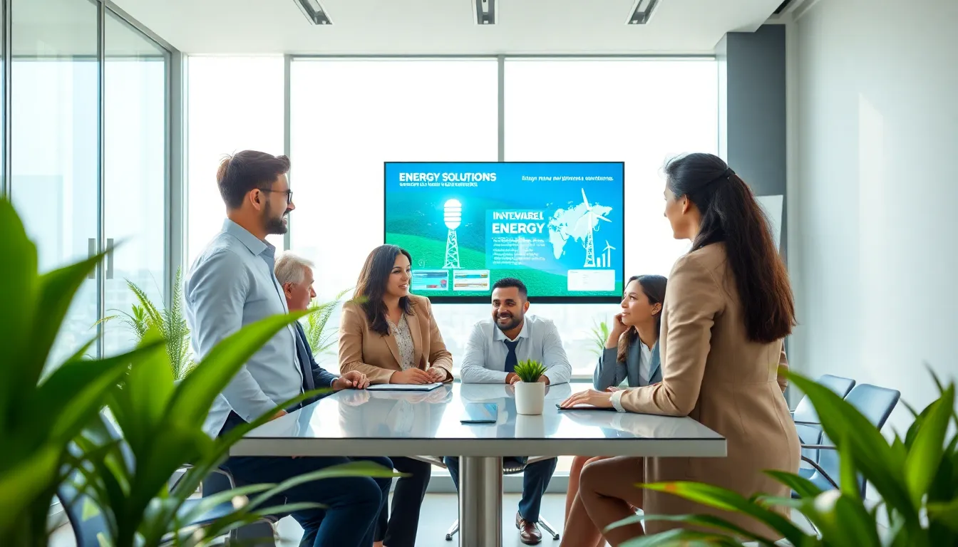 diverse team discussing renewable energy solutions in a modern office.