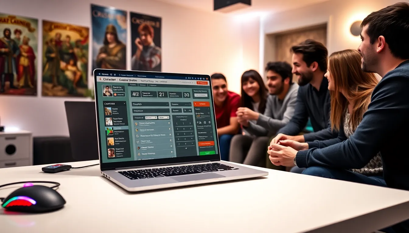 group of gamers collaborating on a laptop in a modern gaming setup.