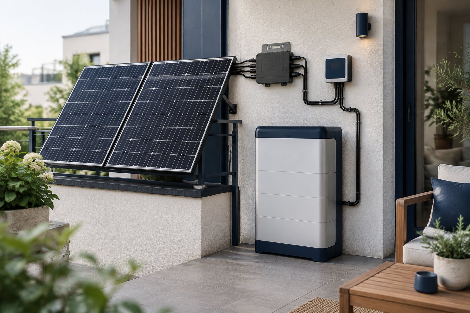 Solarmodule mit passendem Batteriespeicher an einem modernen Wohnhaus