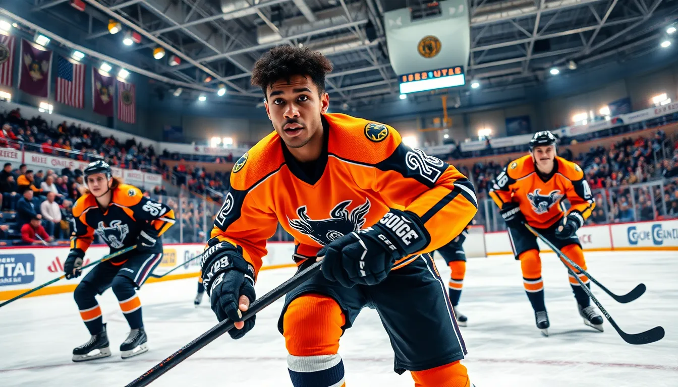 a young hockey player showcasing skill in a vibrant ice rink.