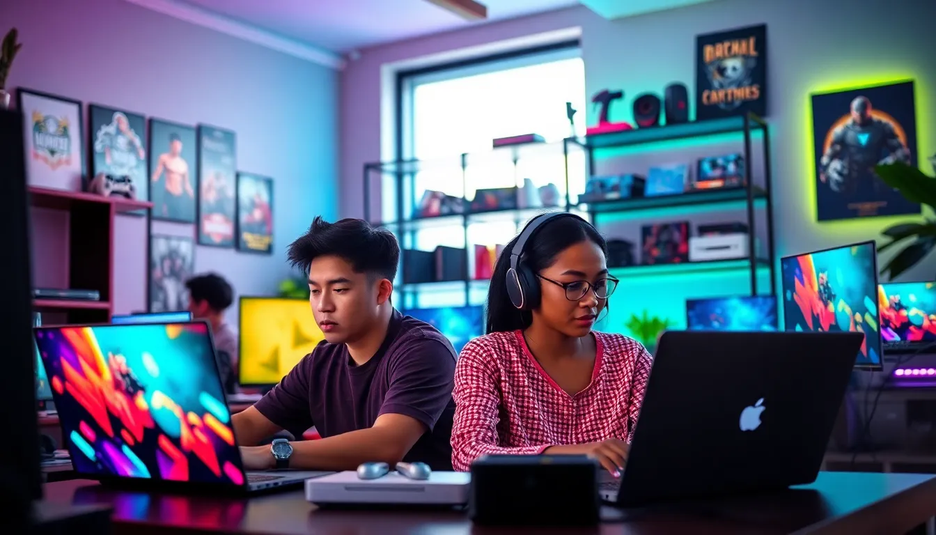 diverse group of gamers in a modern gaming workspace.