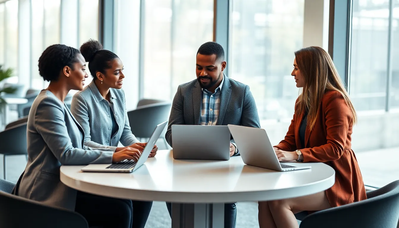 diverse team discussing ideas in a modern office setting.