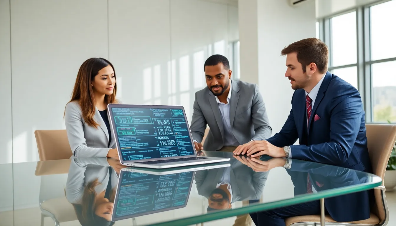 diverse team discussing data management in a modern office.