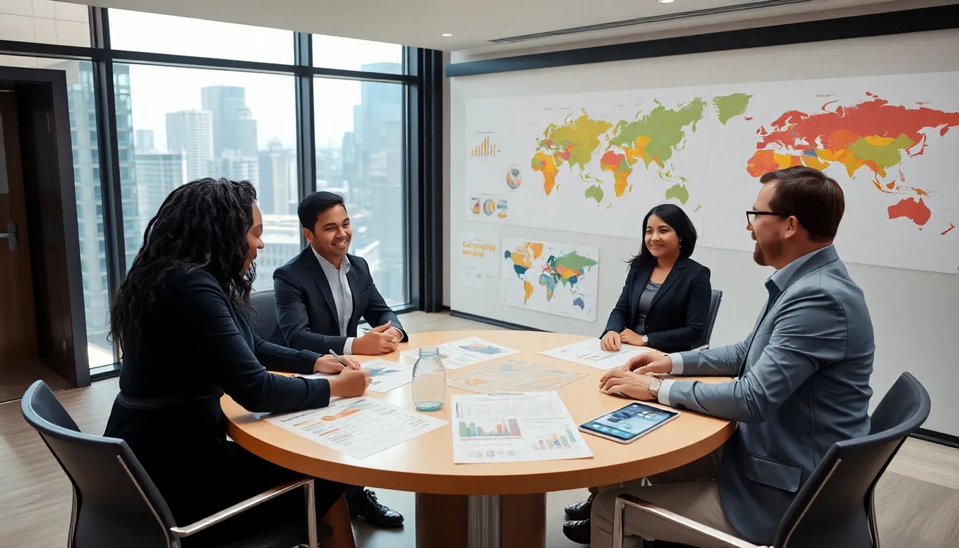 diverse team discussing cultural diffusion in a modern conference room.