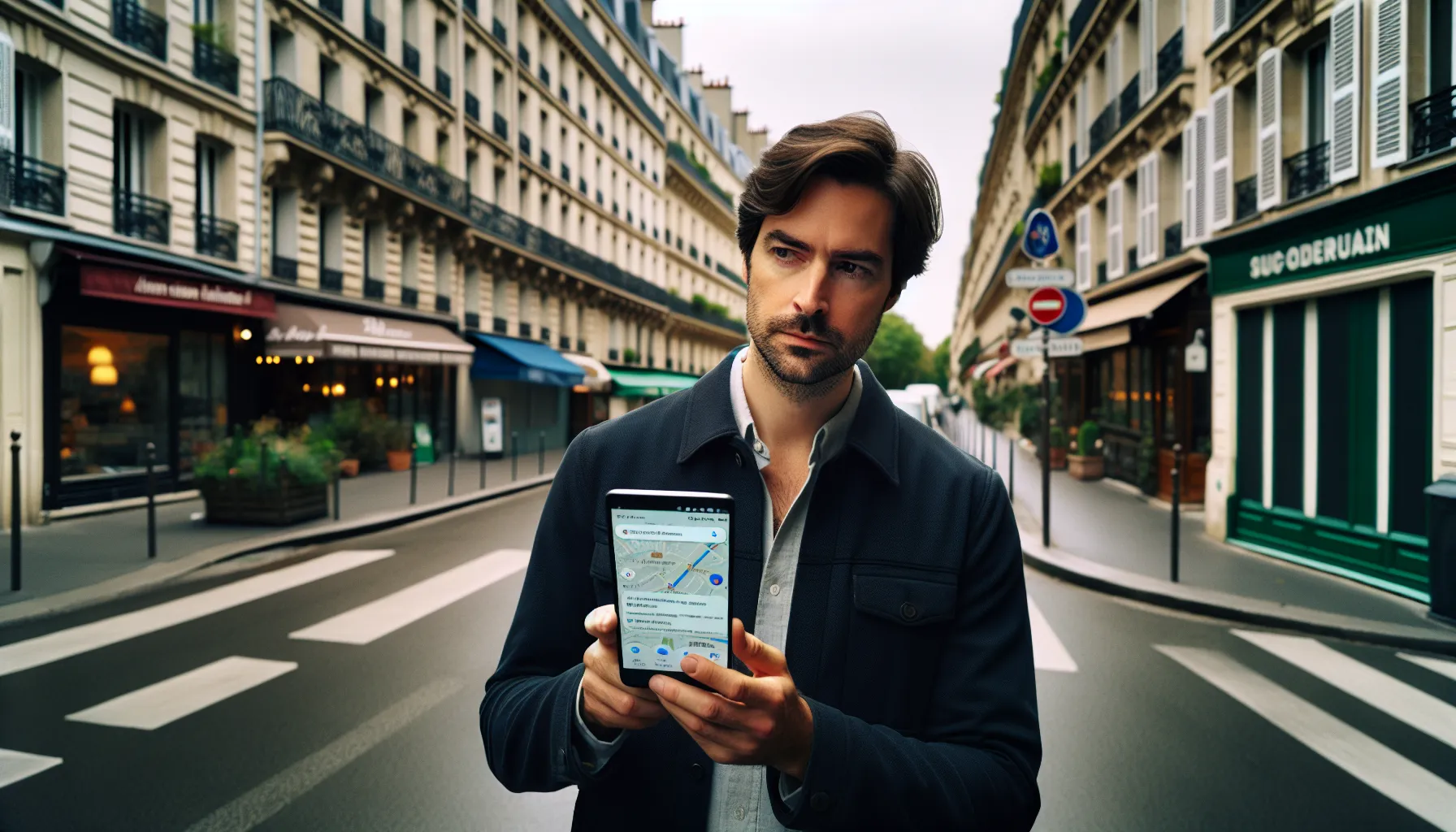 Man in Joinville-le-Pont checking Google local results for locksmiths and restaurants.