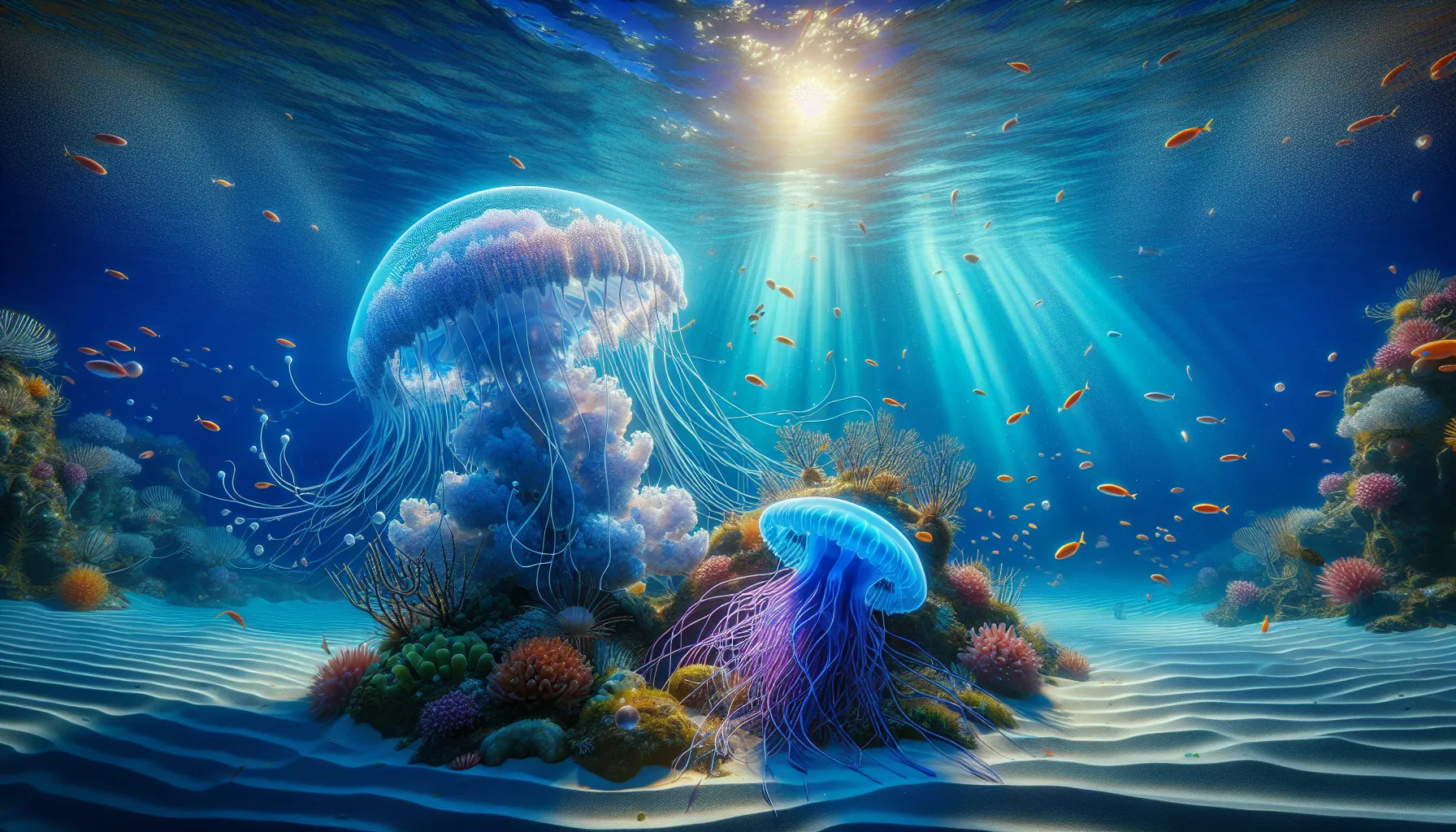A jellyfish and a Portuguese Man o' War in an underwater scene.