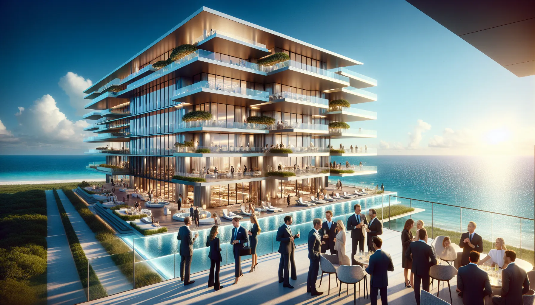 luxury hotel by the ocean with diverse people enjoying the view.