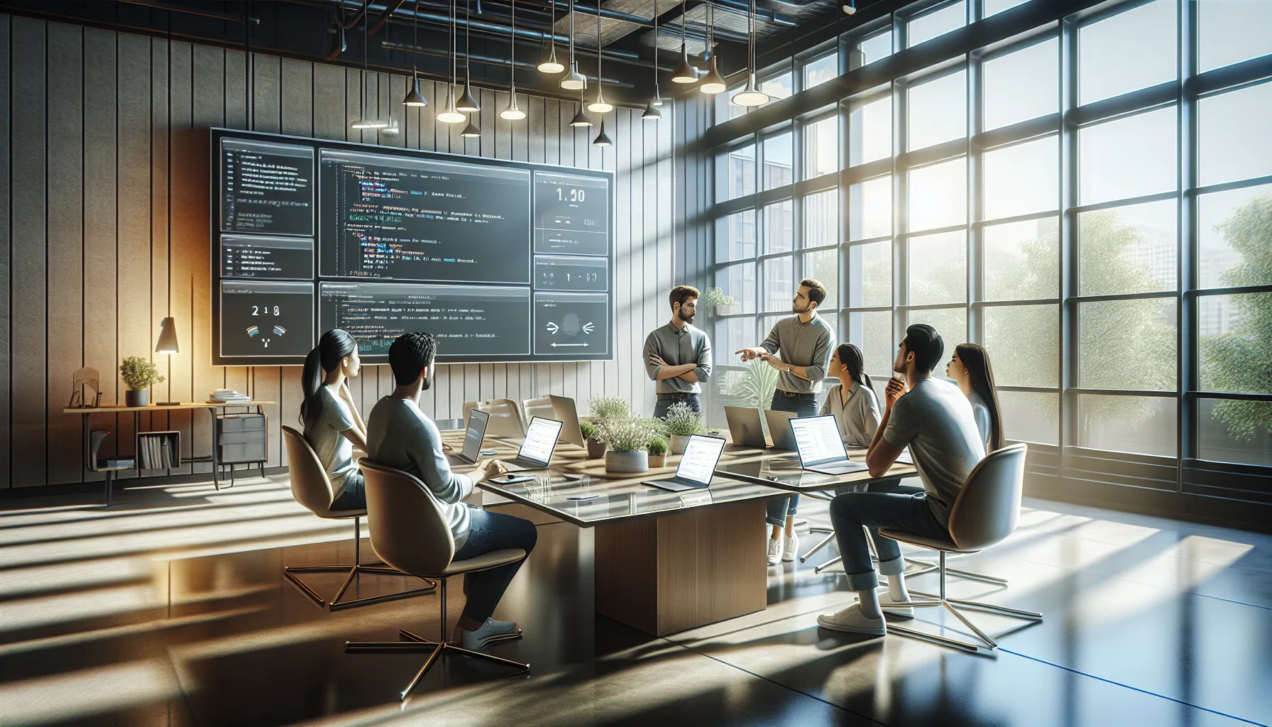 diverse software developers discussing a Python software issue.