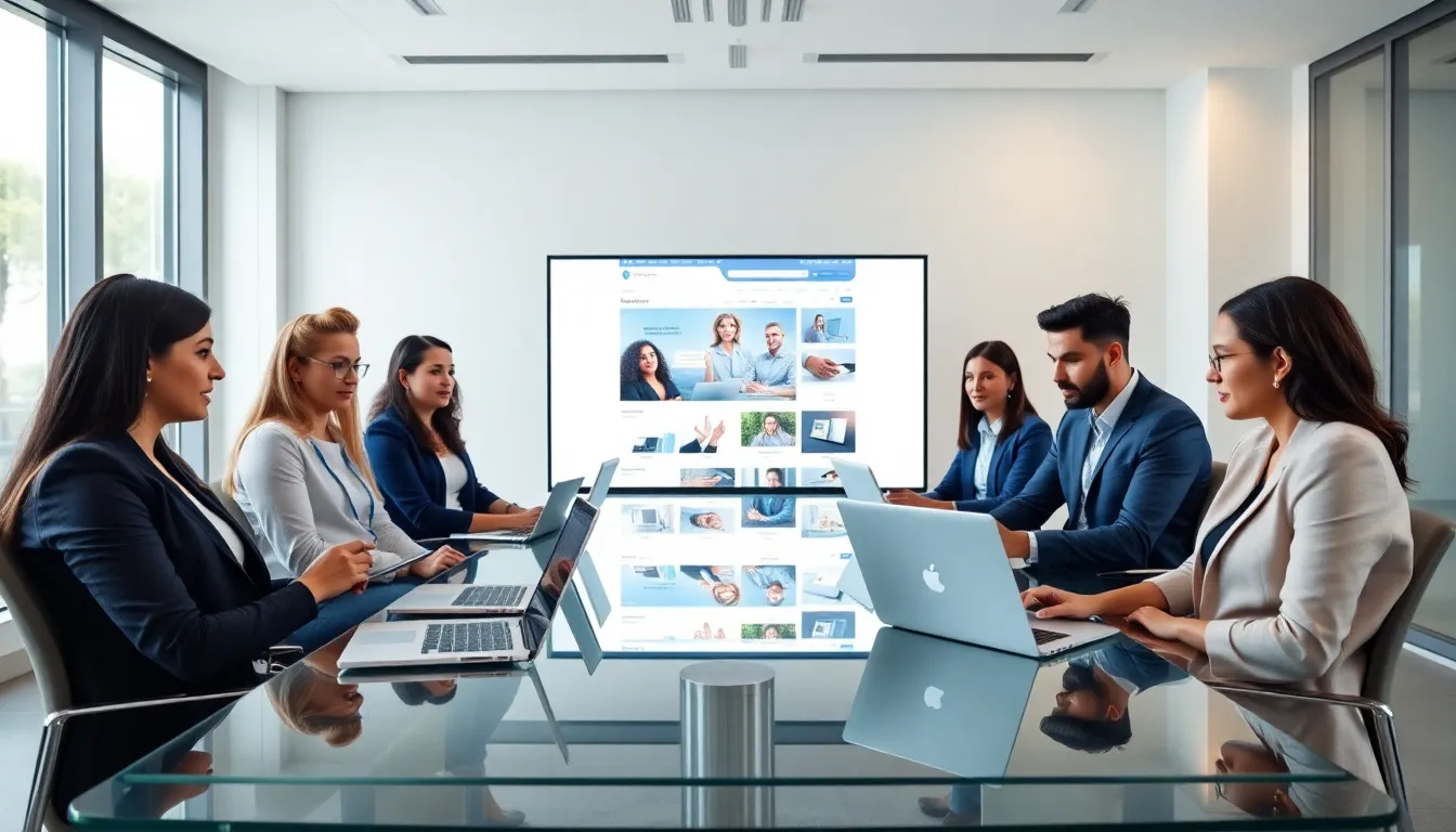 diverse team collaborating on modern website design in an office.