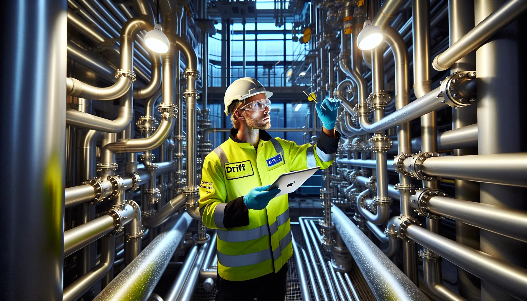 Norwegian engineer checks sensors on stainless manifold to prevent pipe corrosion.