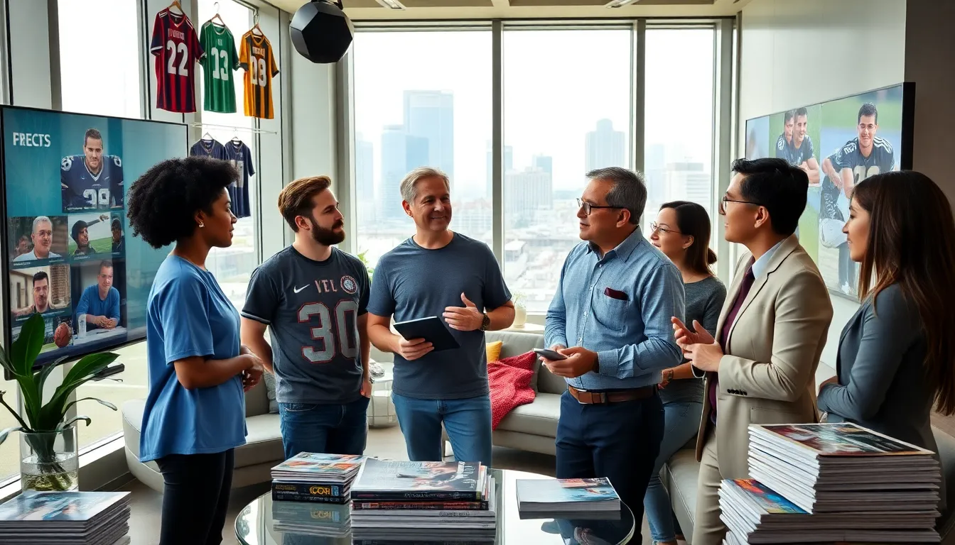 a diverse team of journalists discussing sports news in a modern office.