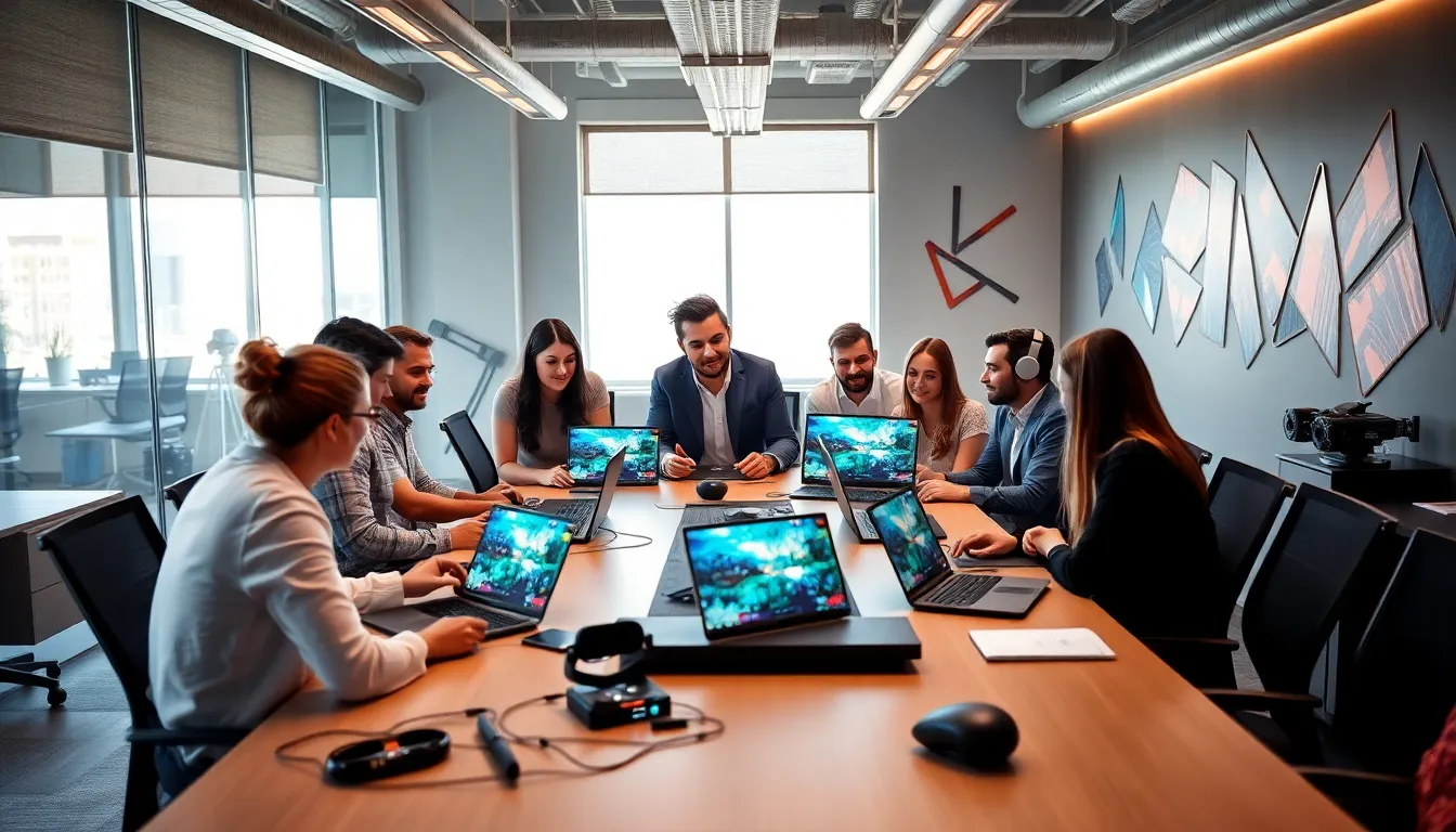 diverse team discussing game design in a modern office.