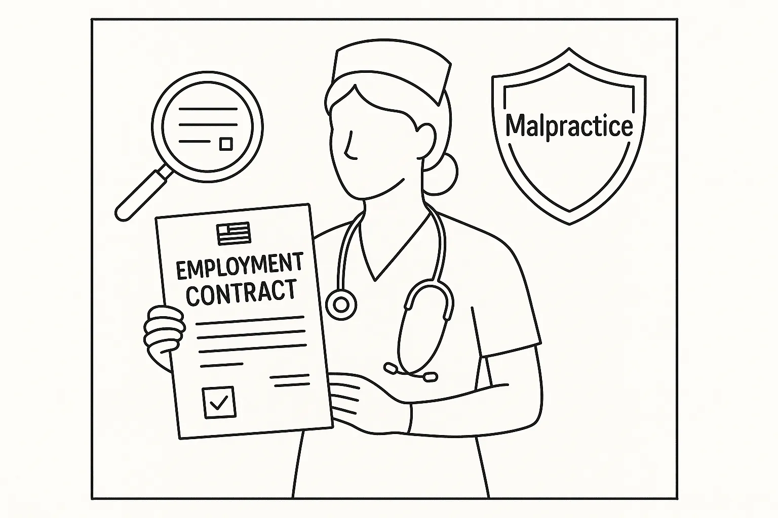 Nurse practitioner examining a contract with a malpractice shield behind them.
