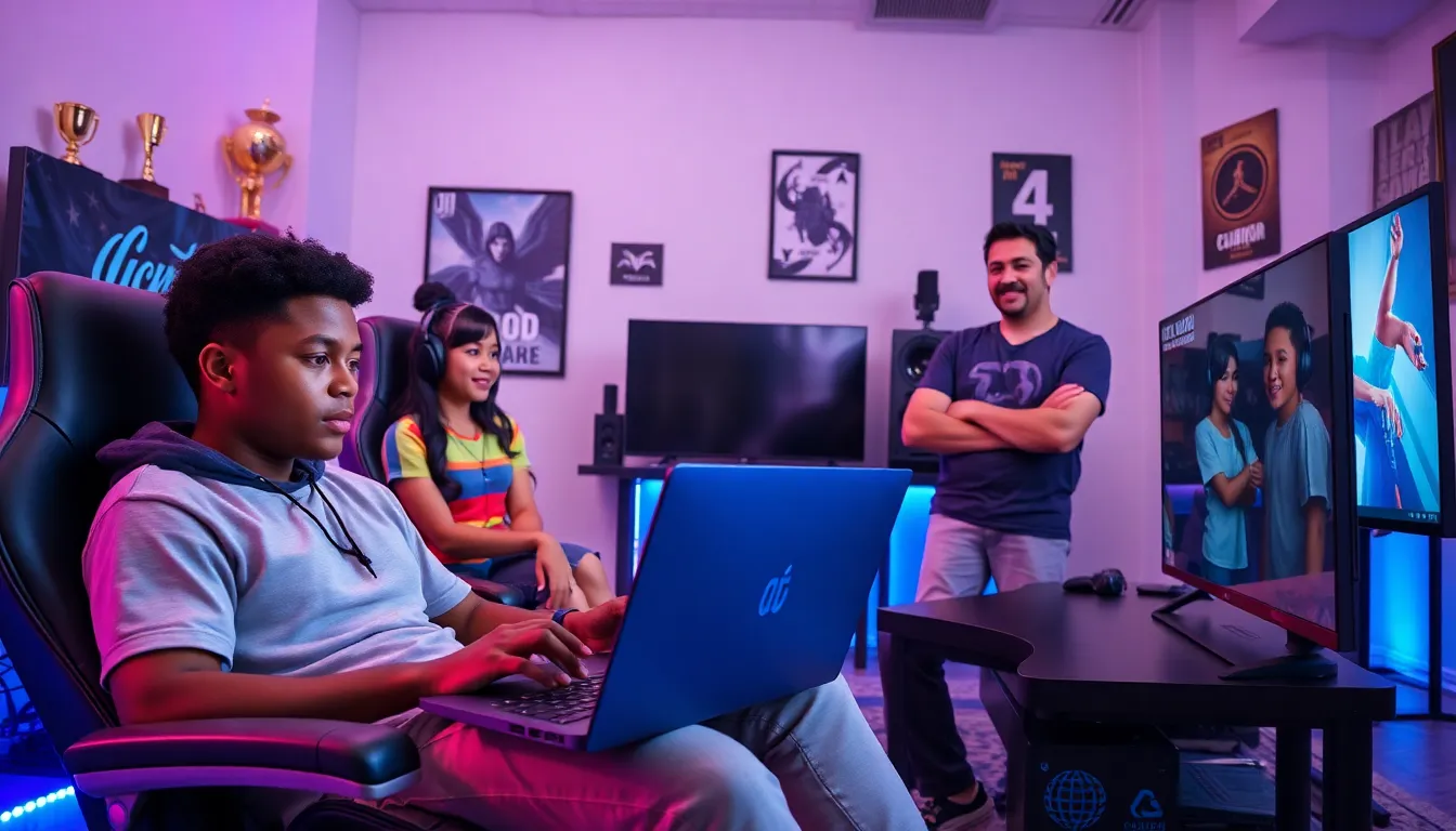 three friends gaming together in a vibrant, modern gaming space.
