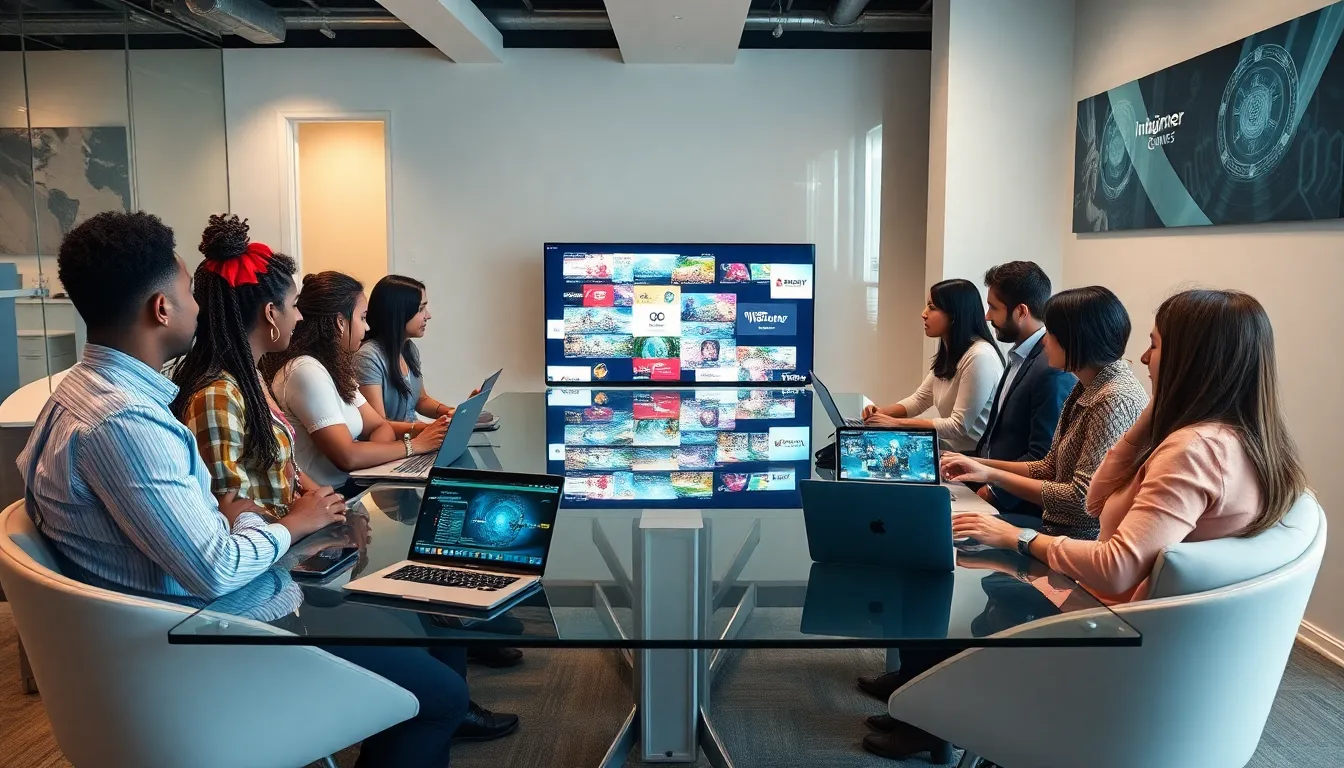 diverse team collaborating on game designs in a modern office.