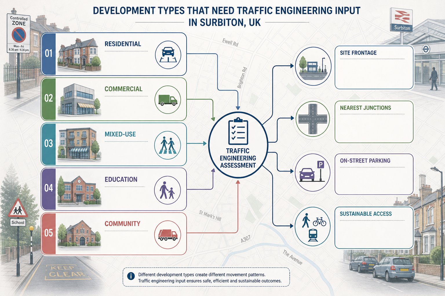 Infographic of development types and key traffic concerns in Surbiton.