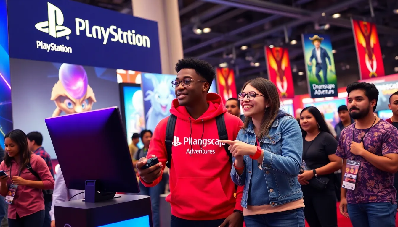 a diverse group at a gaming convention exploring ImagineerGames titles.