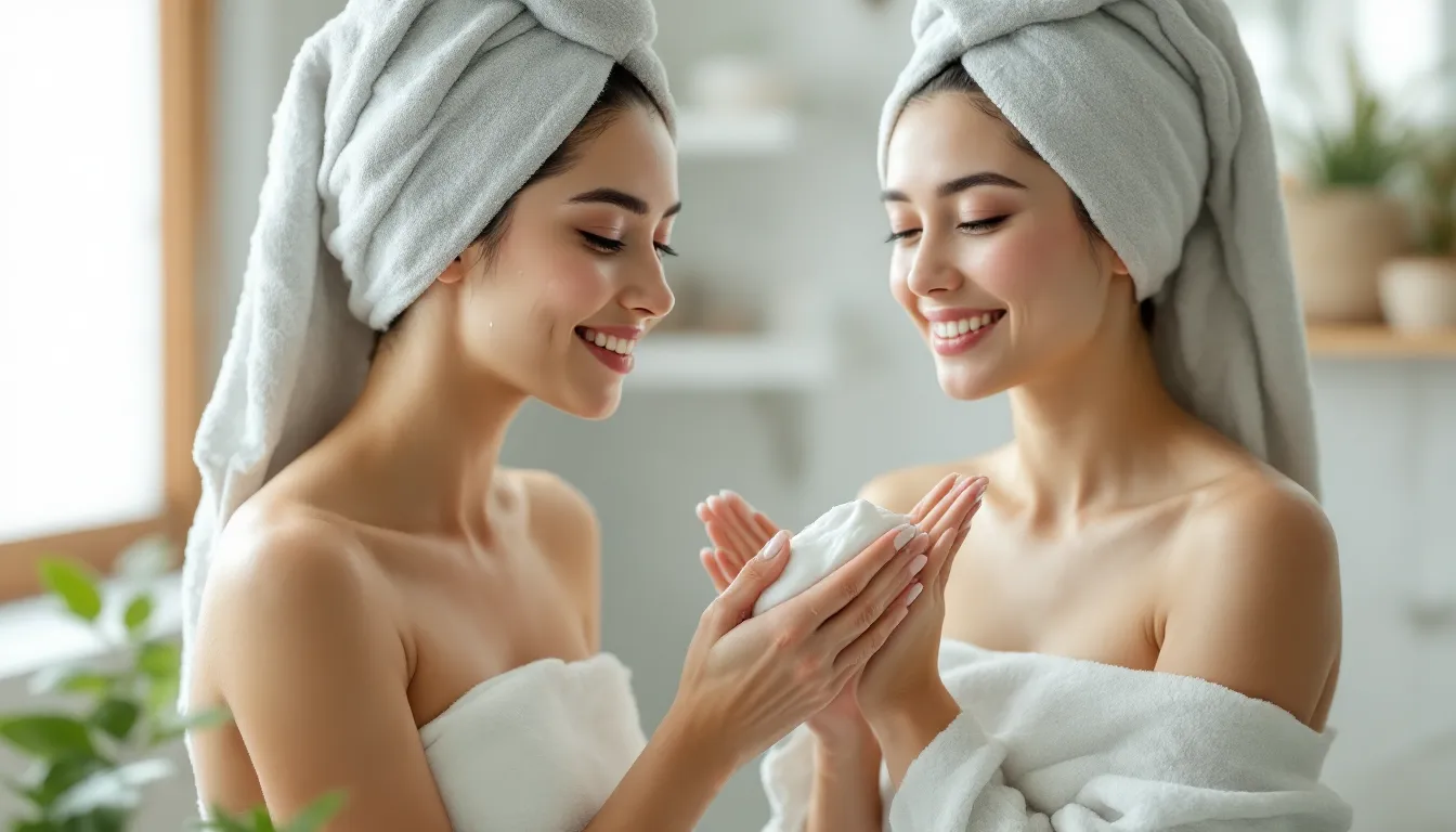 Woman applying body lotion to damp skin after a shower in a bright bathroom.