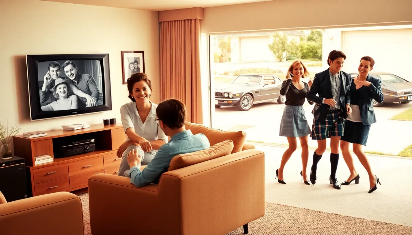 family enjoying TV and teens dancing in a 1950s setting.