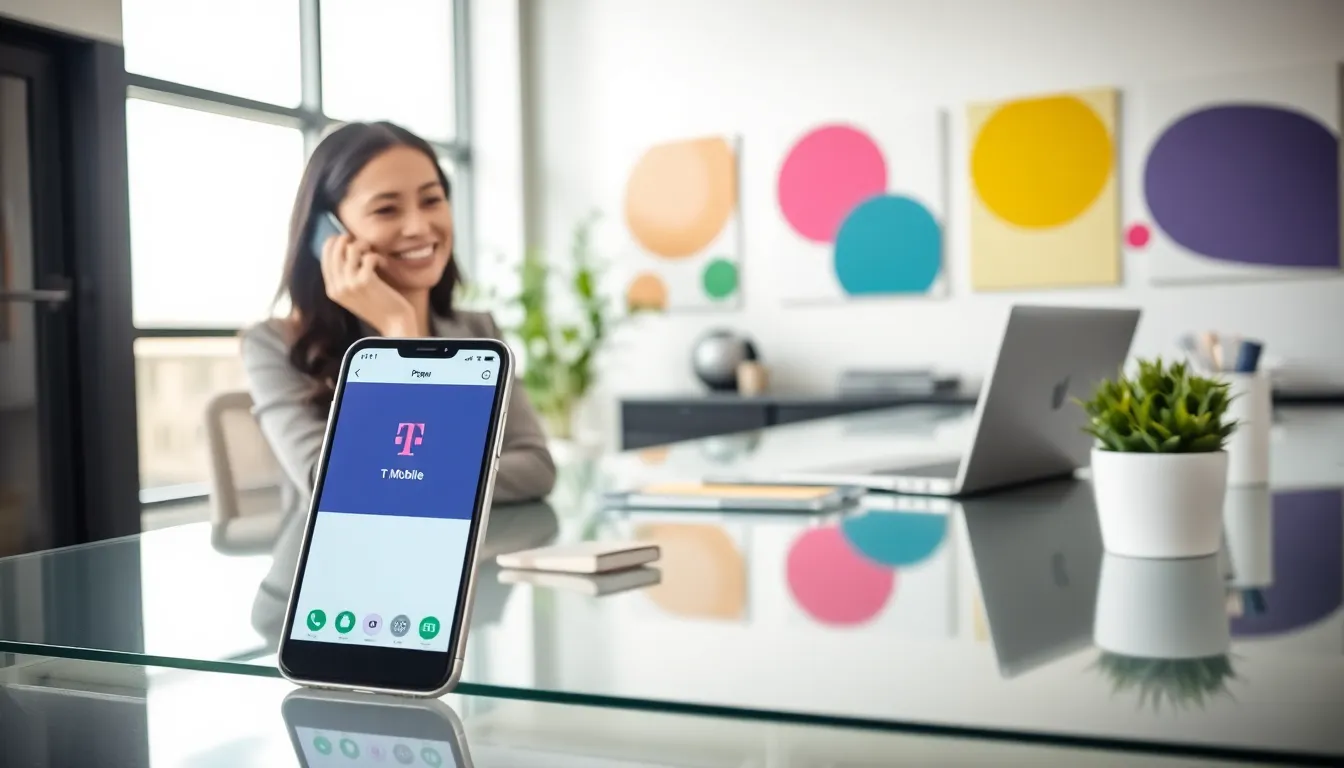 woman making a T-Mobile bill payment by phone in a modern office.