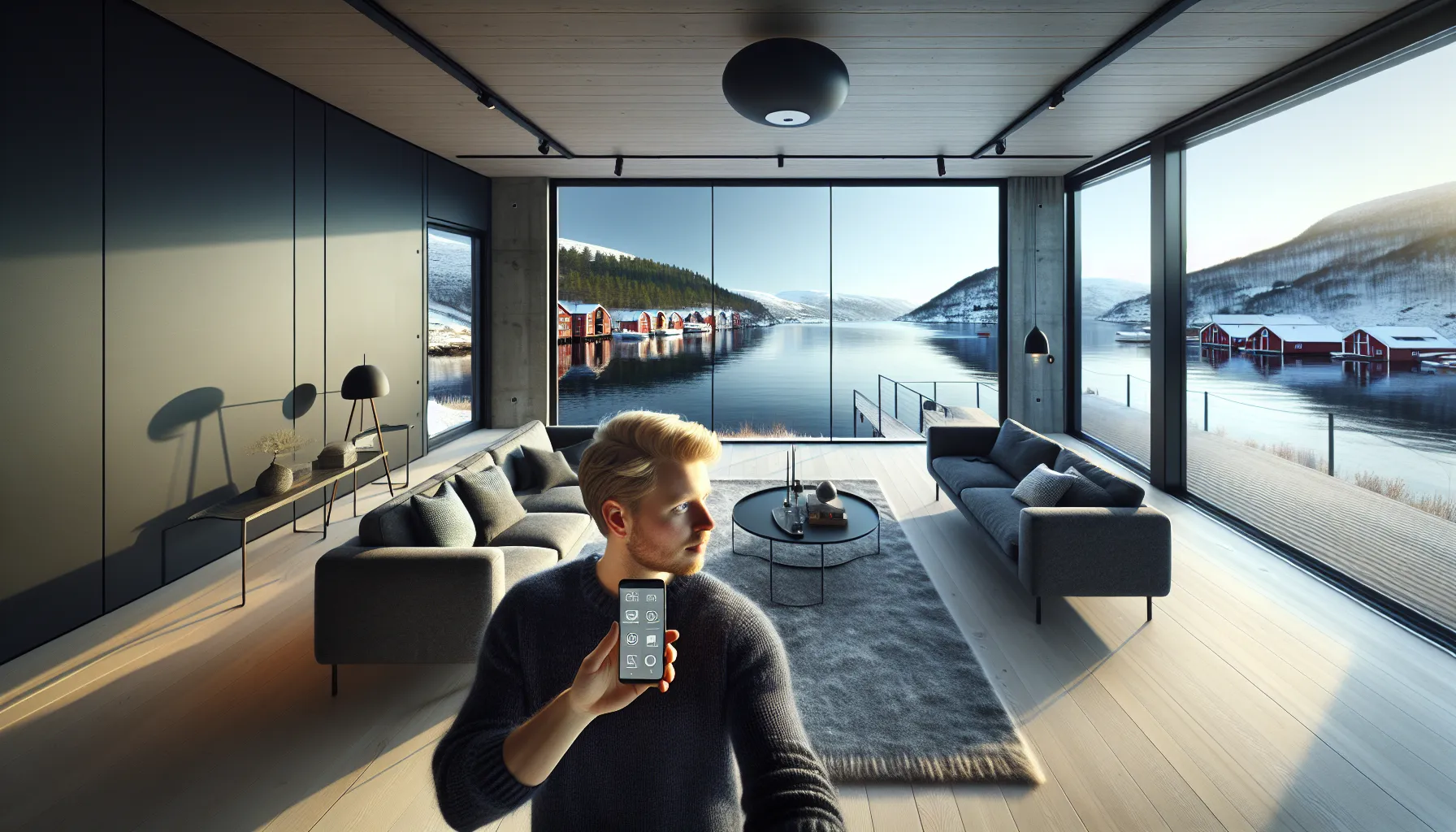 Modern norwegian living room with smartglass window switching between clear and frosted.
