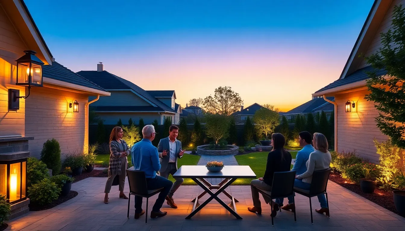 outdoor lighting illuminating a serene suburban patio at twilight.