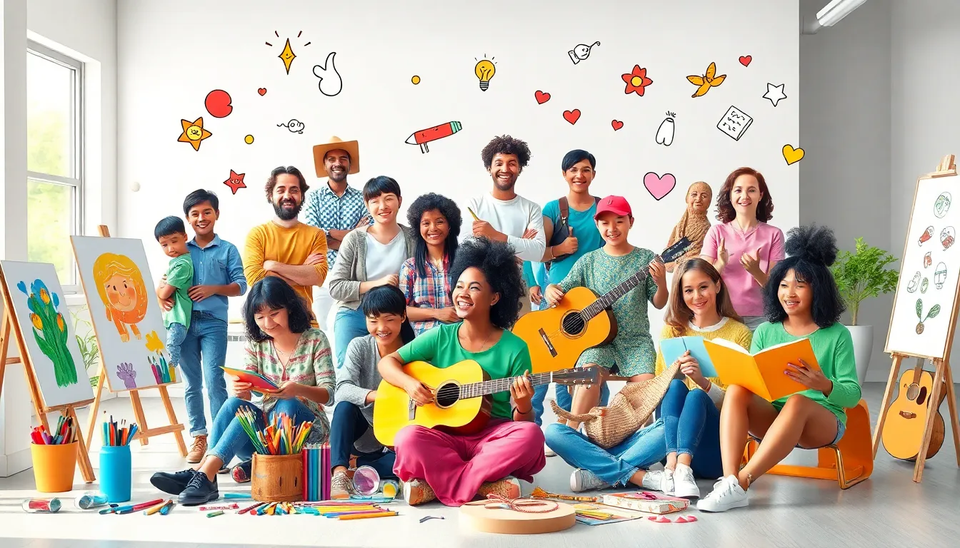 diverse individuals collaborating in a colorful creative environment.