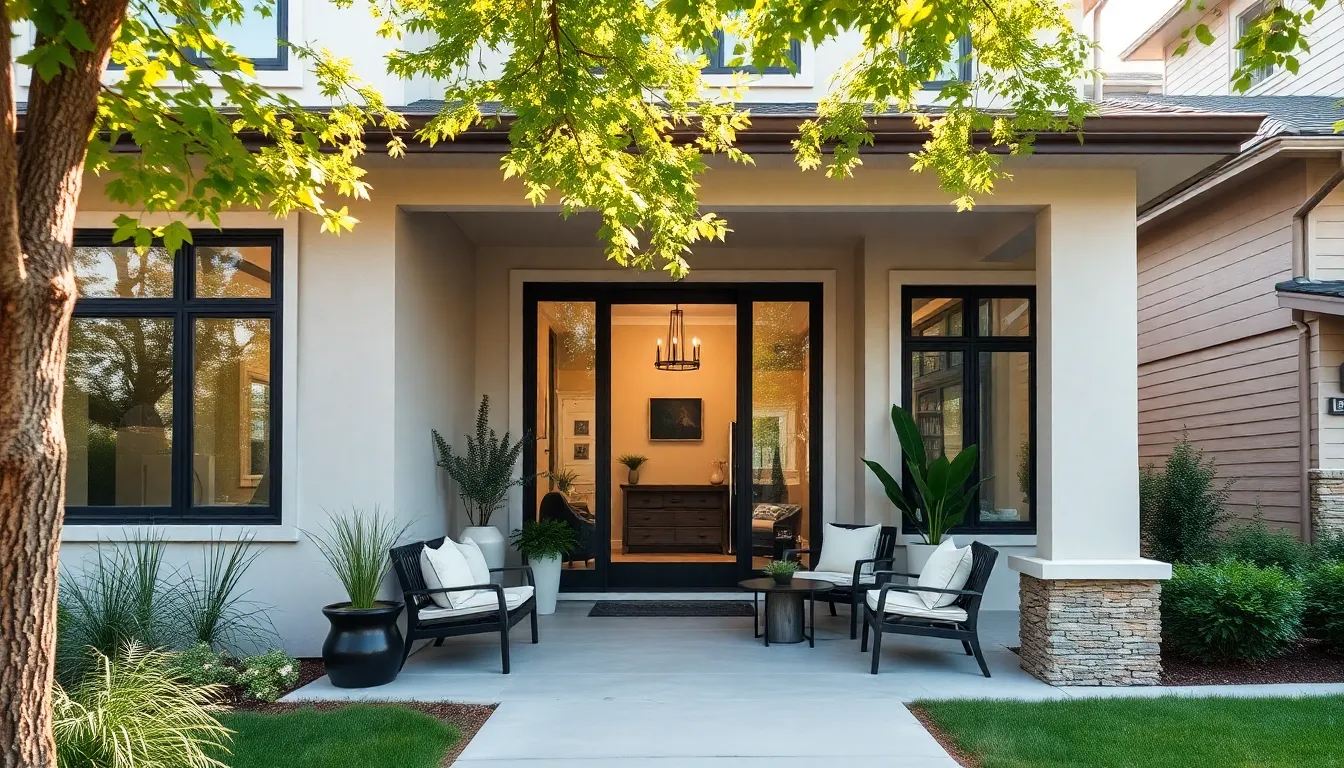 modern residential exterior design with inviting entryway and greenery.