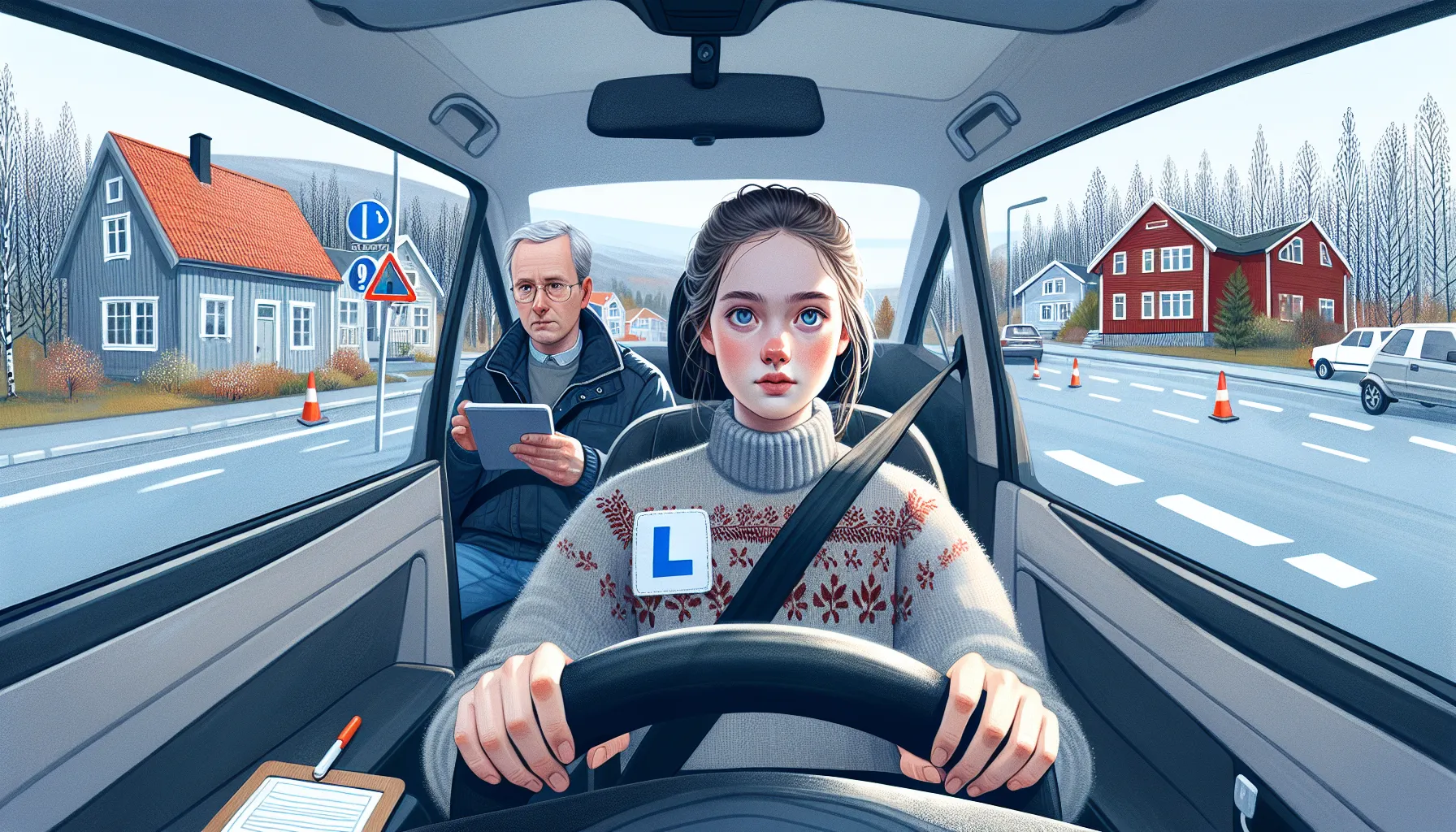 Nervous learner driver in Norway refocuses during a driving test with examiner.