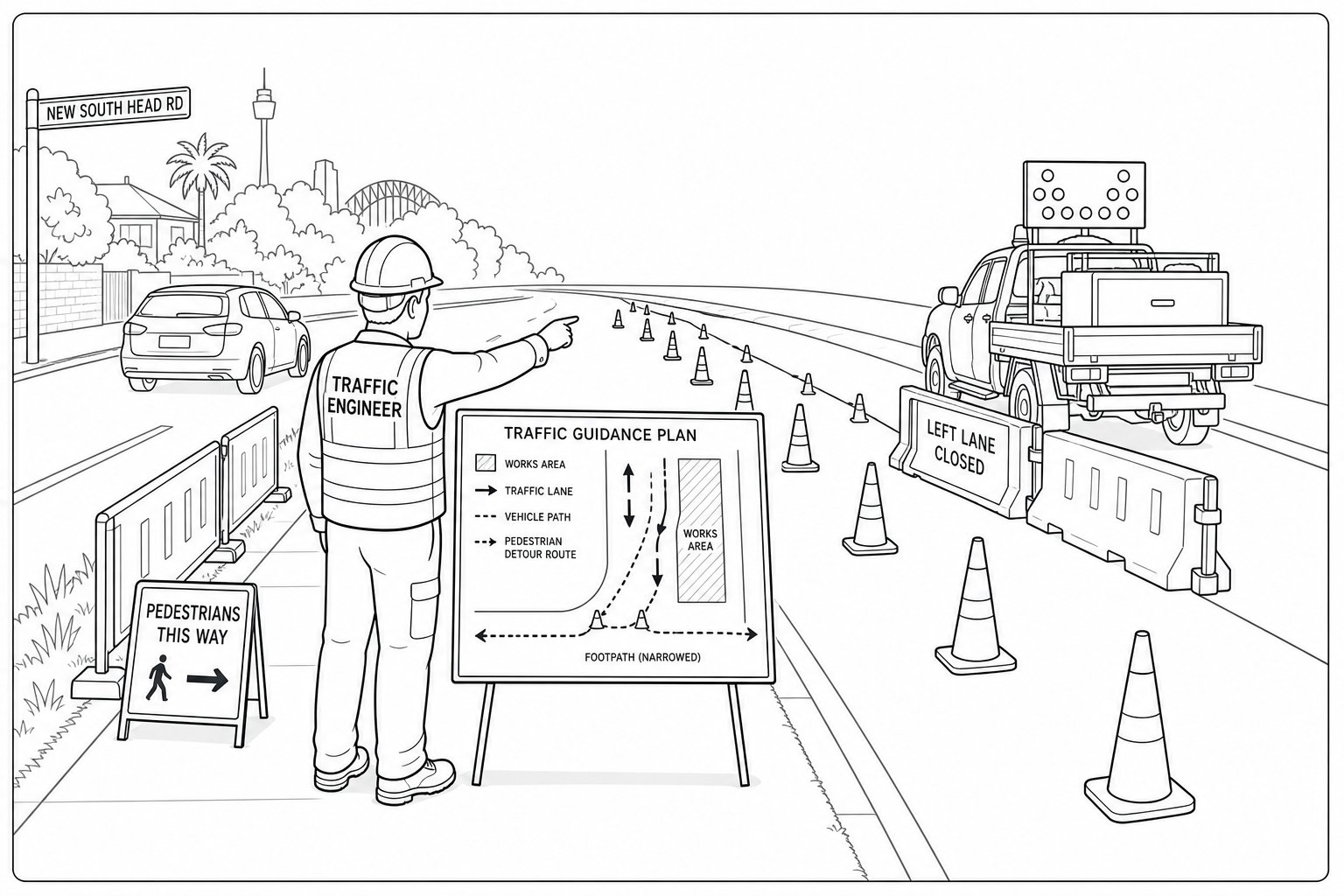 Traffic engineer marking a temporary lane and footpath diversion on a street.