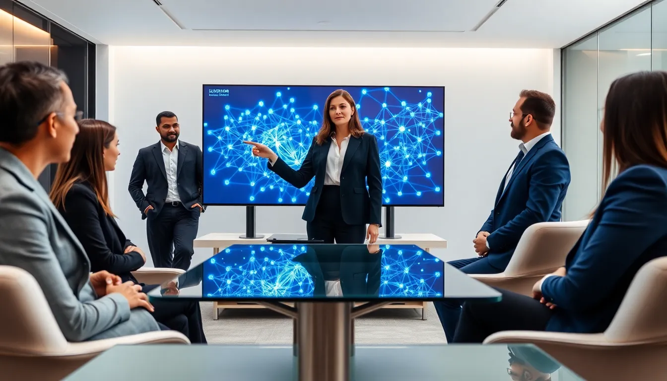 team discussing blockchain technology in a modern office.