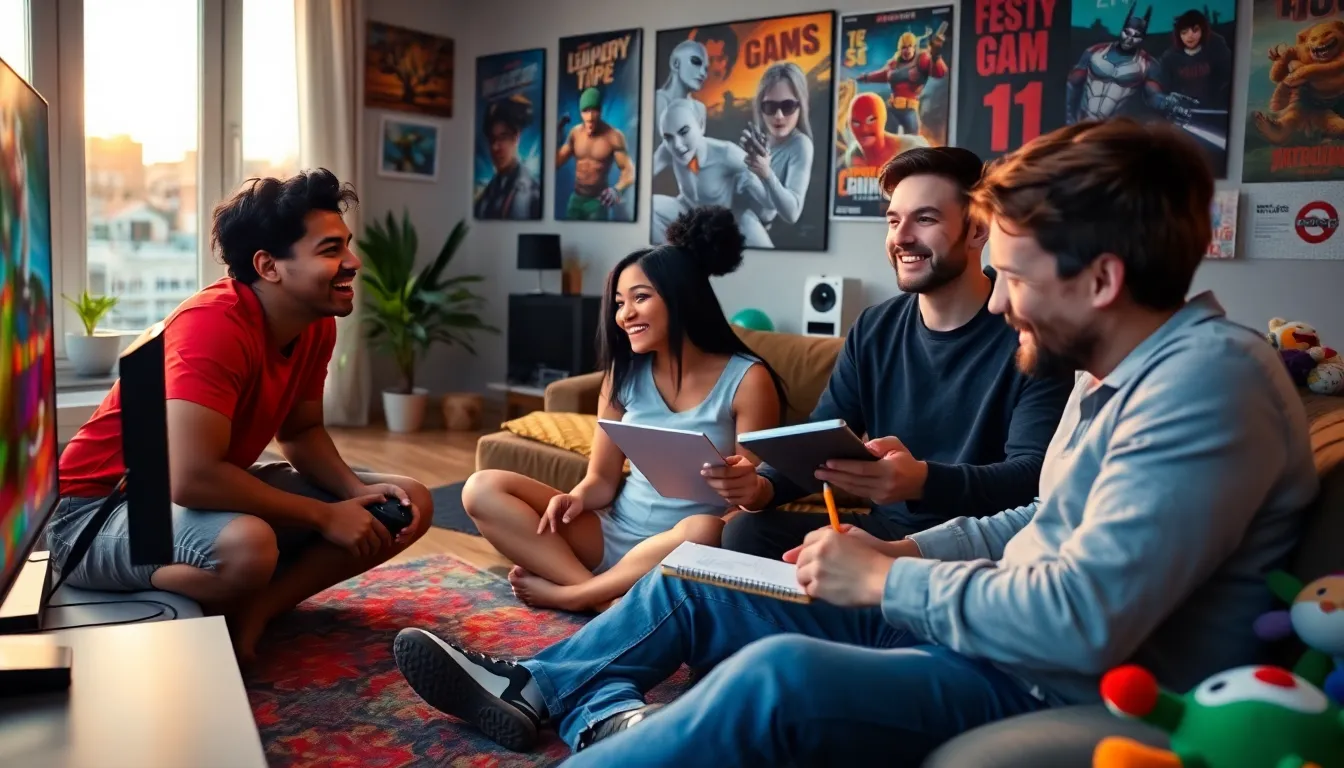 a diverse group of friends enjoying a gaming session in a cozy living room.
