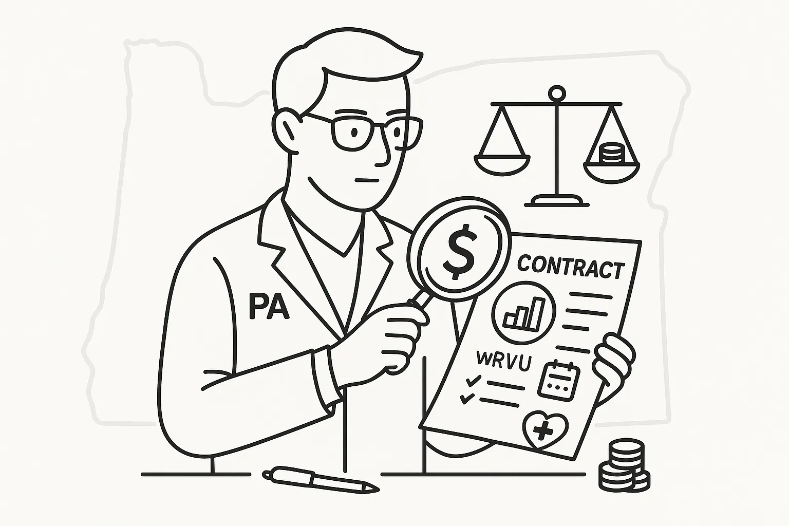 Physician assistant examining a contract with magnifying glass and dollar icons.