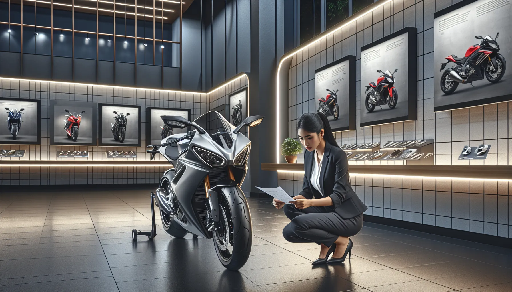 professional inspecting a nettimoottoripyörä in a modern showroom.