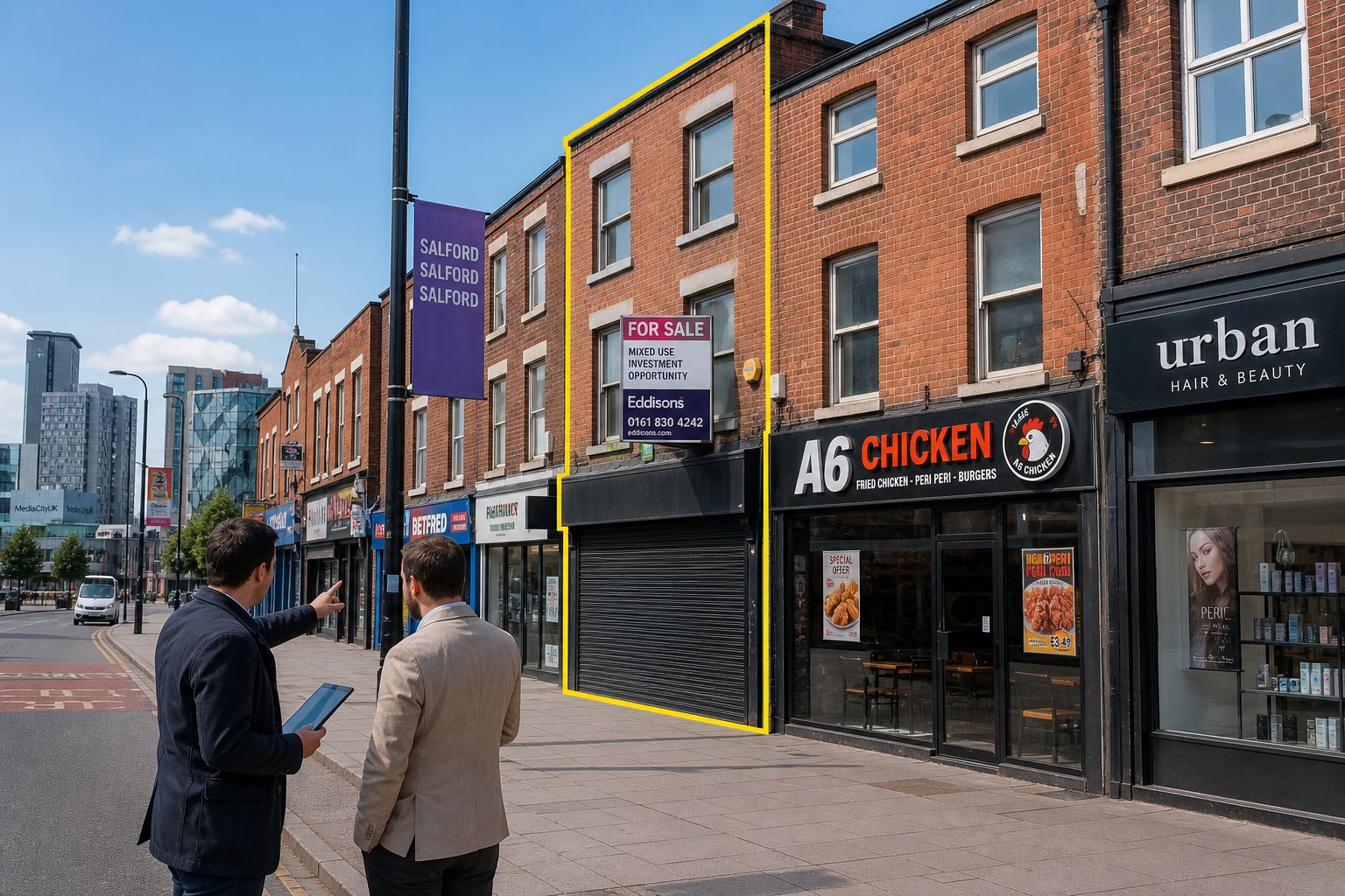 Investor and adviser discussing mixed-use commercial properties on a Salford street in daylight.