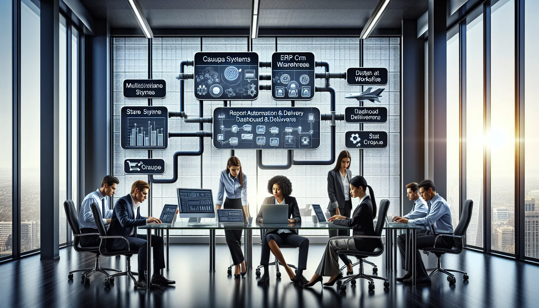 BI team overseeing Tableau Prep Conductor and ATRS report scheduling in a modern office.