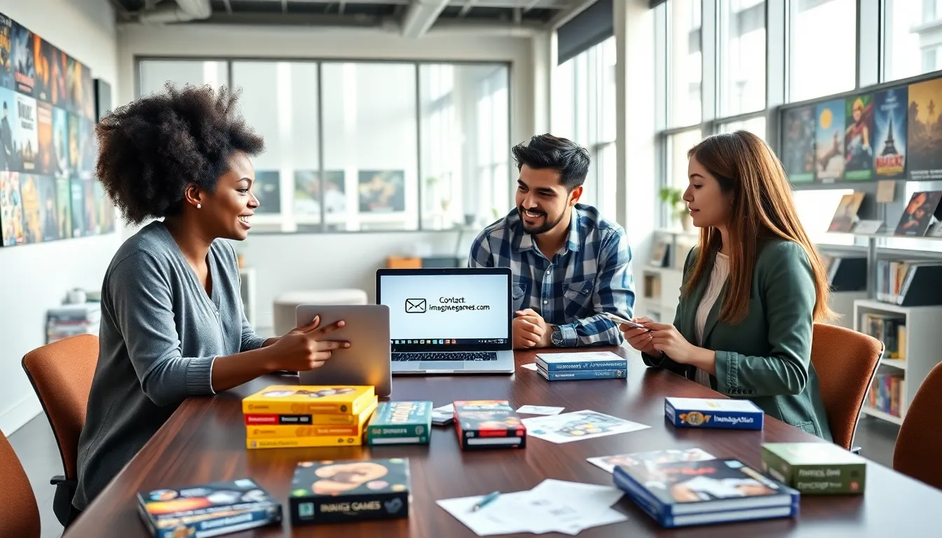 A diverse team discussing contact information in a modern office.