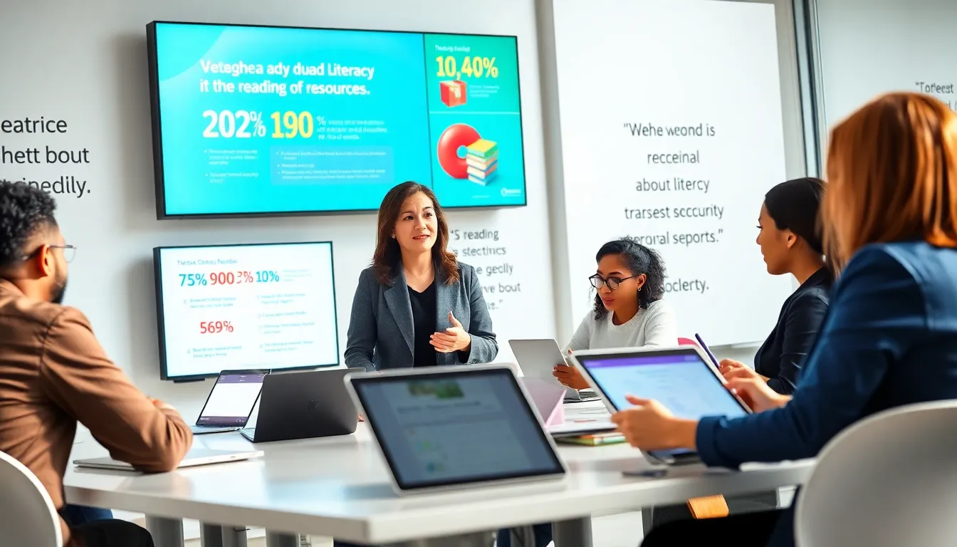 diverse professionals in a modern literacy workshop.