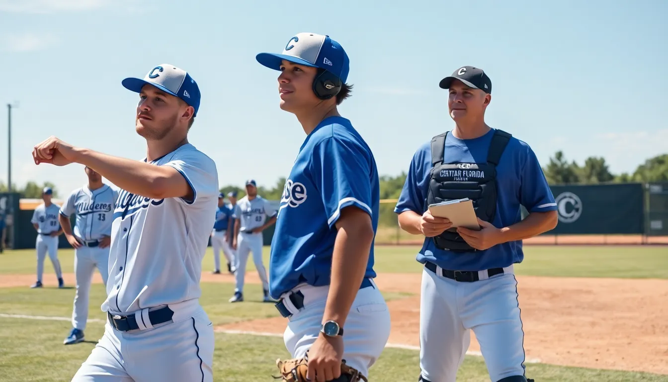College of Central Florida baseball players in action during practice on the field.