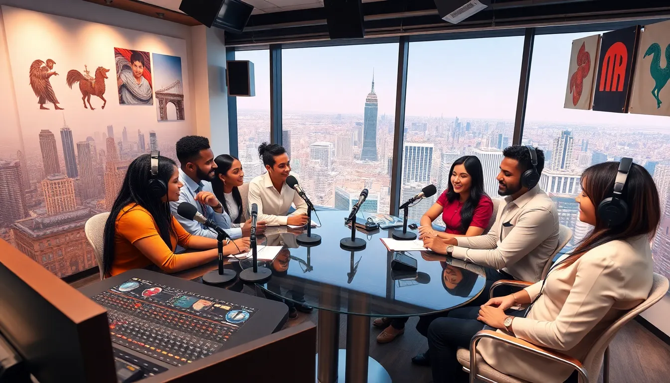 diverse group collaborating in a modern radio studio.