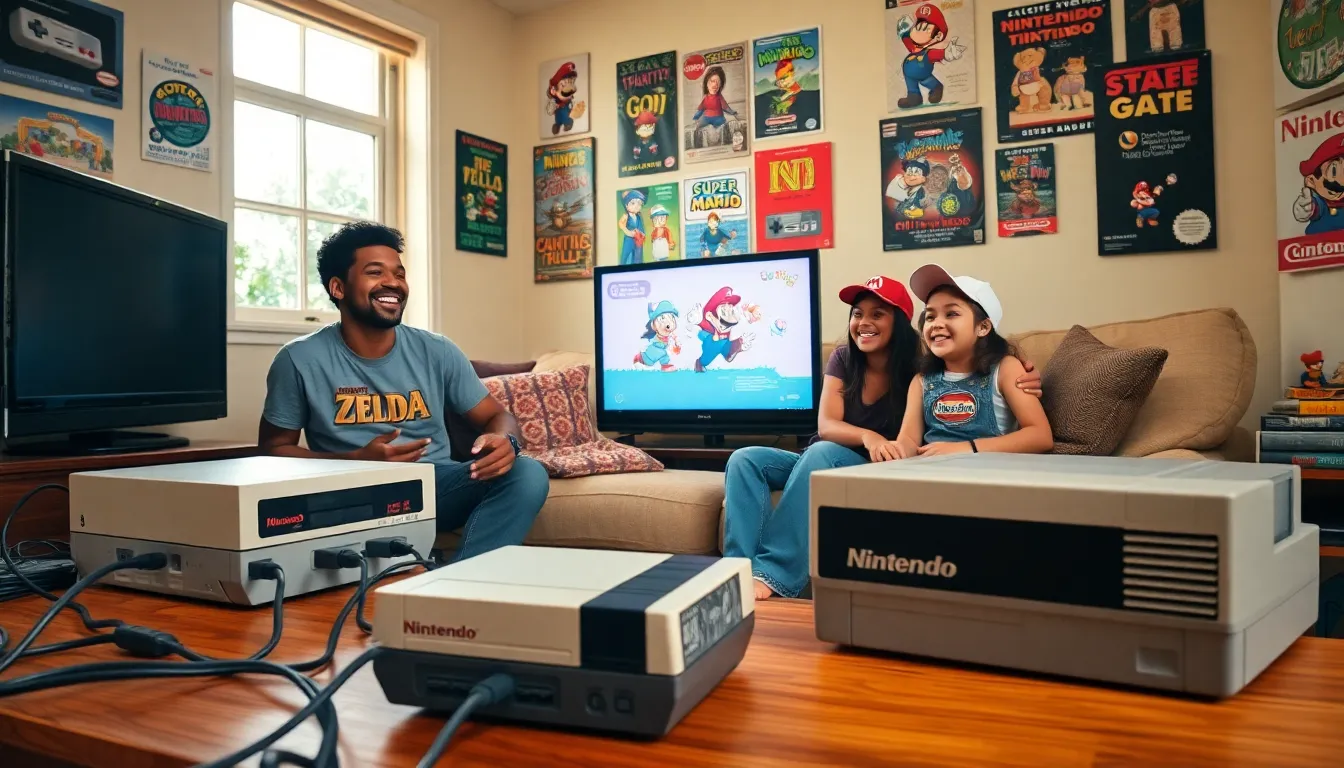 friends enjoying classic Nintendo games in a cozy living room.