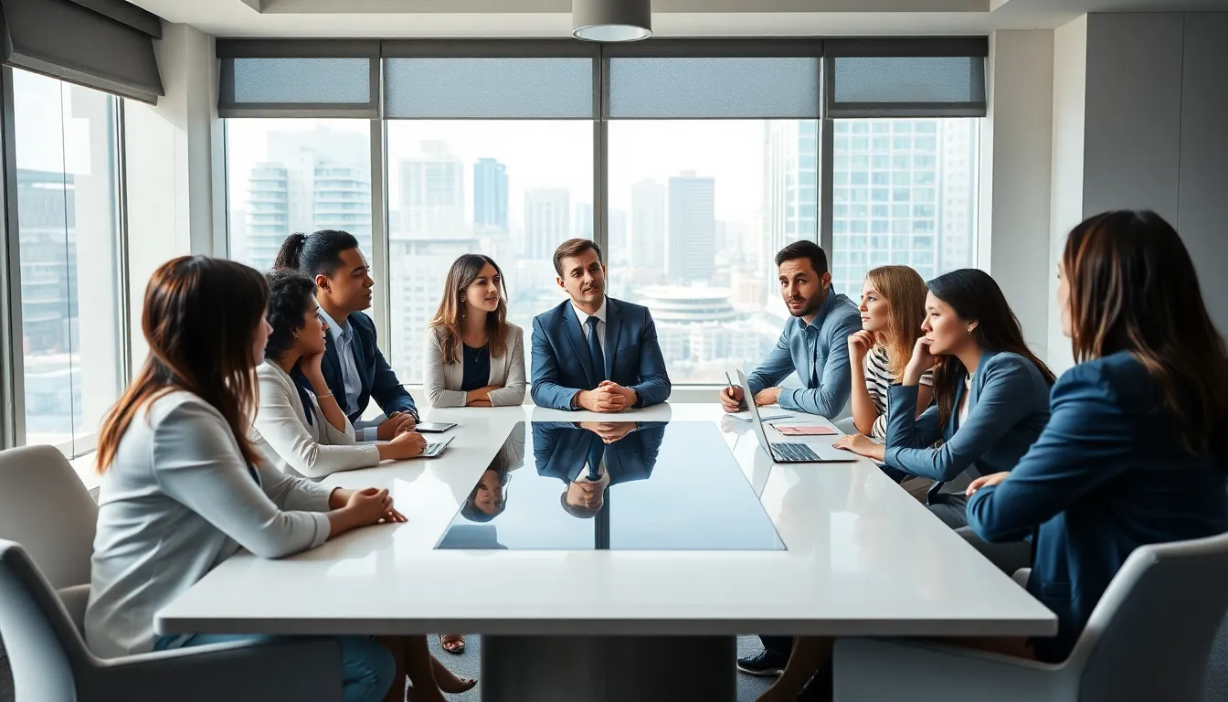 diverse professionals discussing emotional connections in a modern conference room.