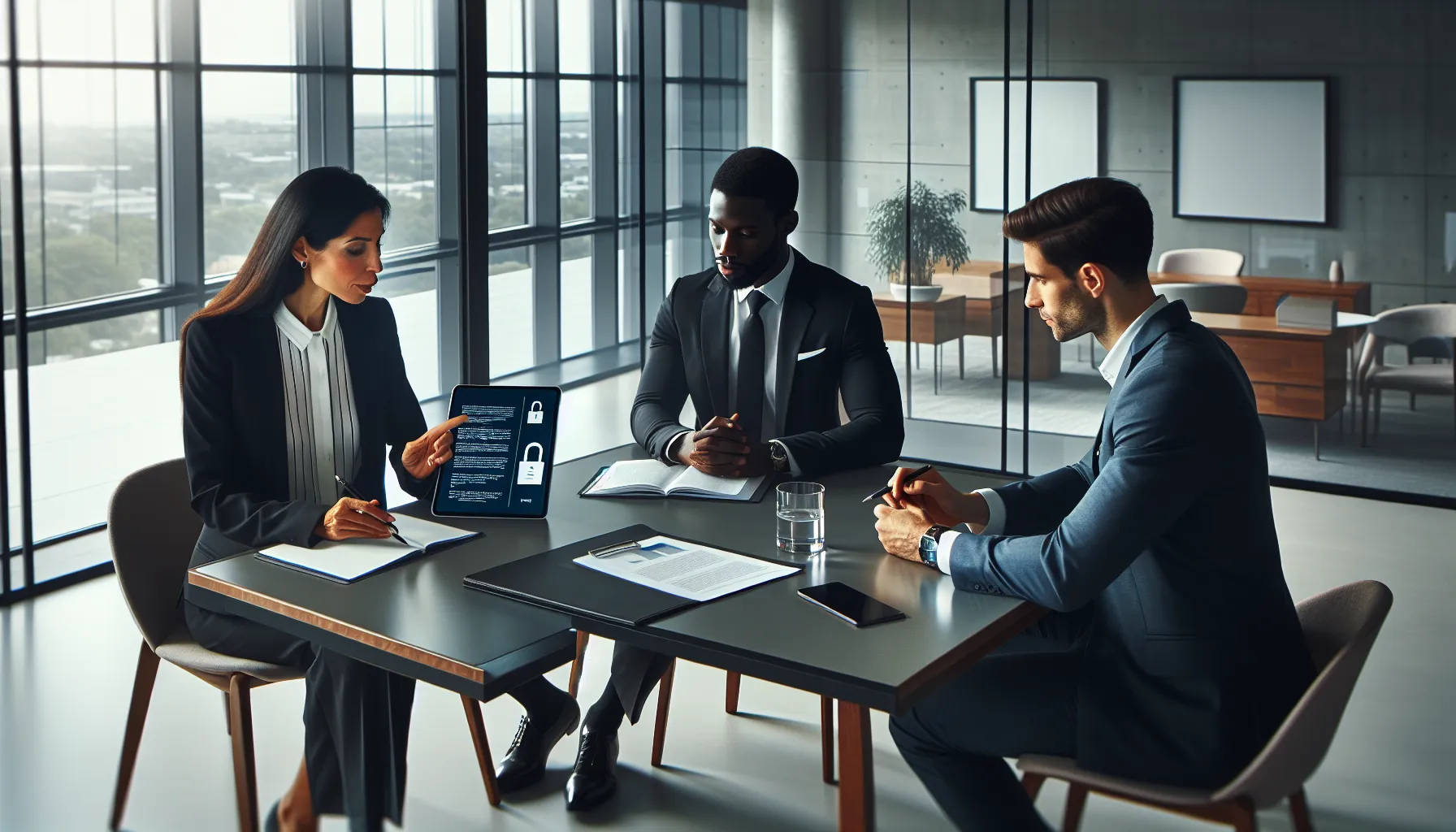 diverse team discussing privacy in a modern office.