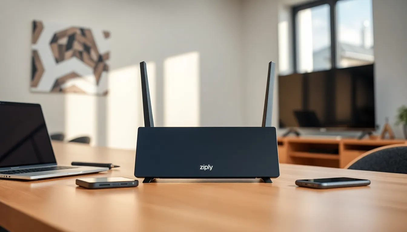 modern home office featuring a Ziply Fiber router and connected devices.