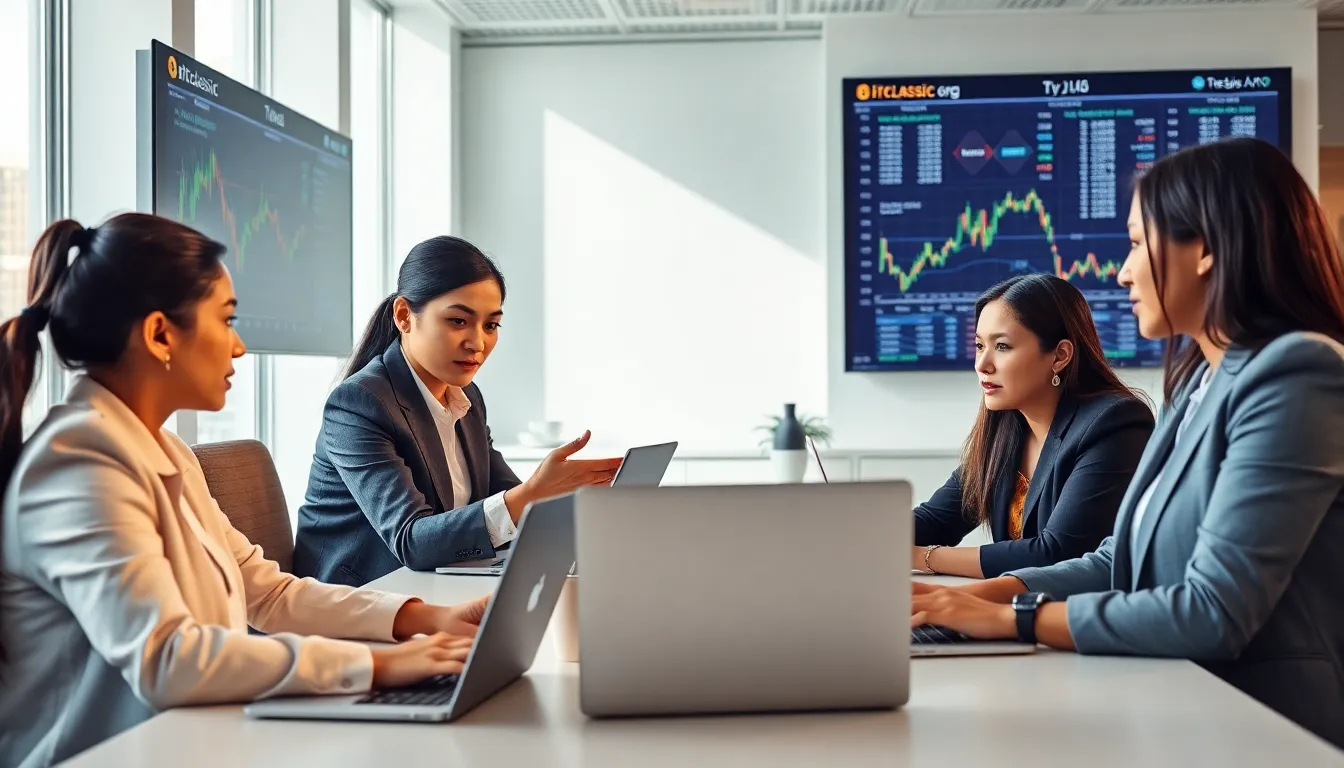 diverse professionals collaborating in a modern workspace on cryptocurrency trading.