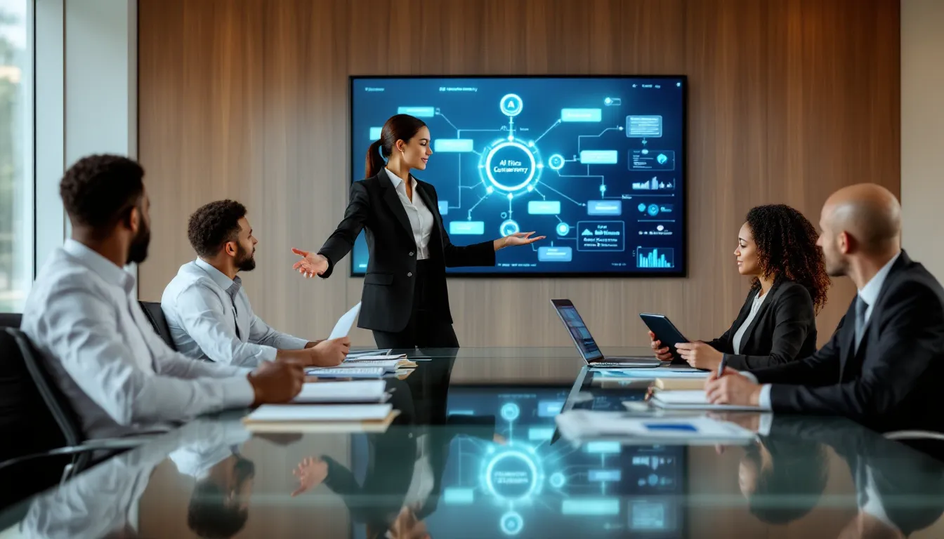 Diverse professionals collaborating on ethical AI governance in a modern boardroom setting.