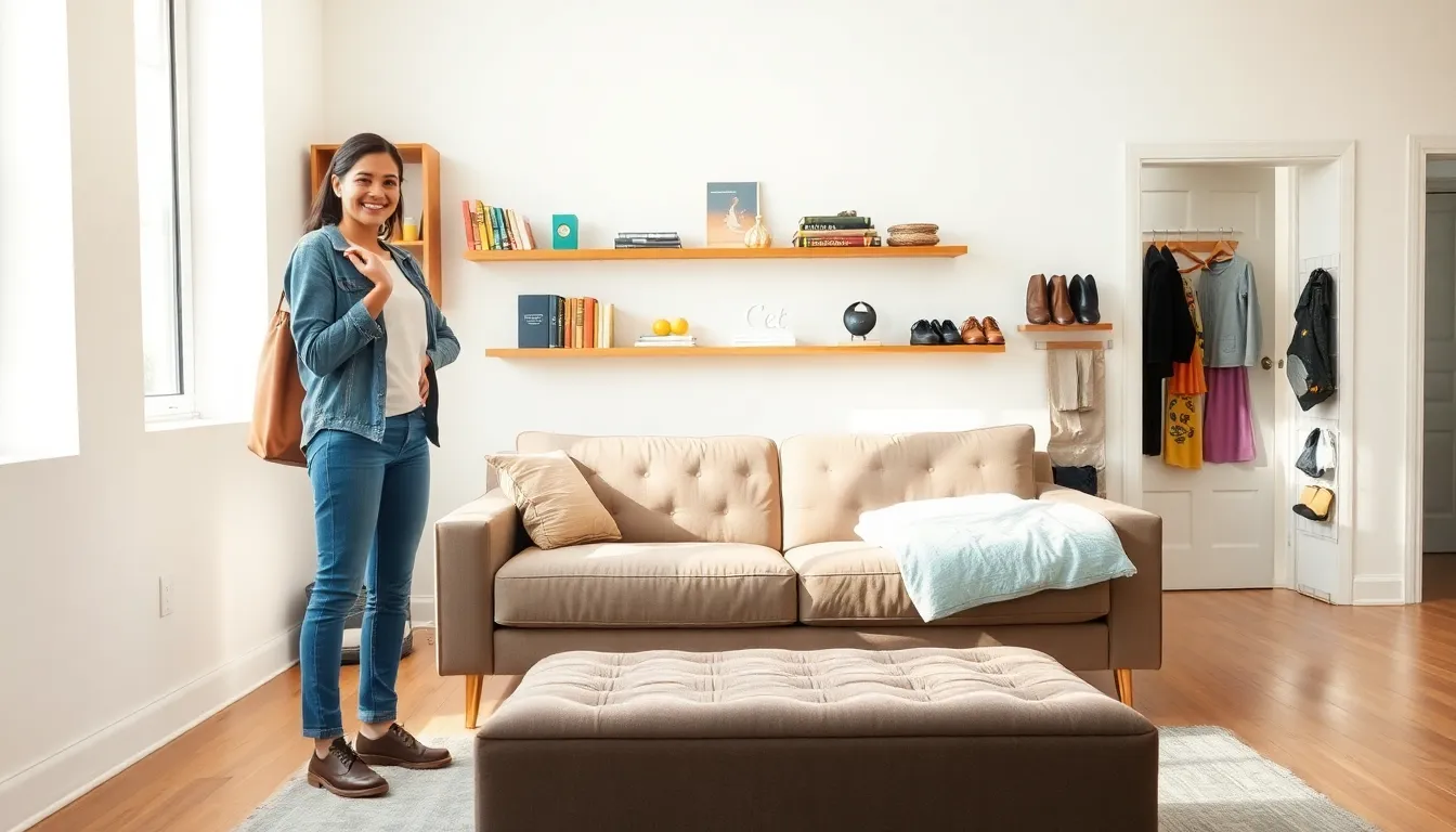 A woman organizing storage solutions in a modern living room.