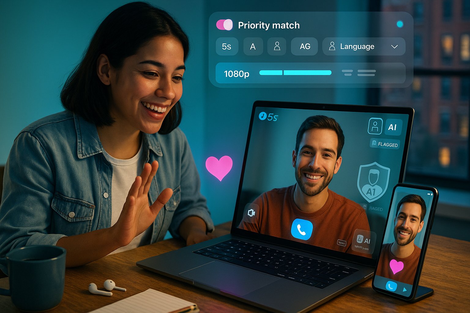 young woman video-chatting on laptop with branded UI and safety icons
