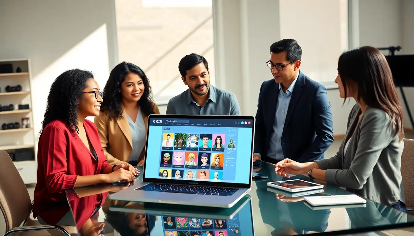 diverse team collaborating on a CK2 character generator in a modern office.